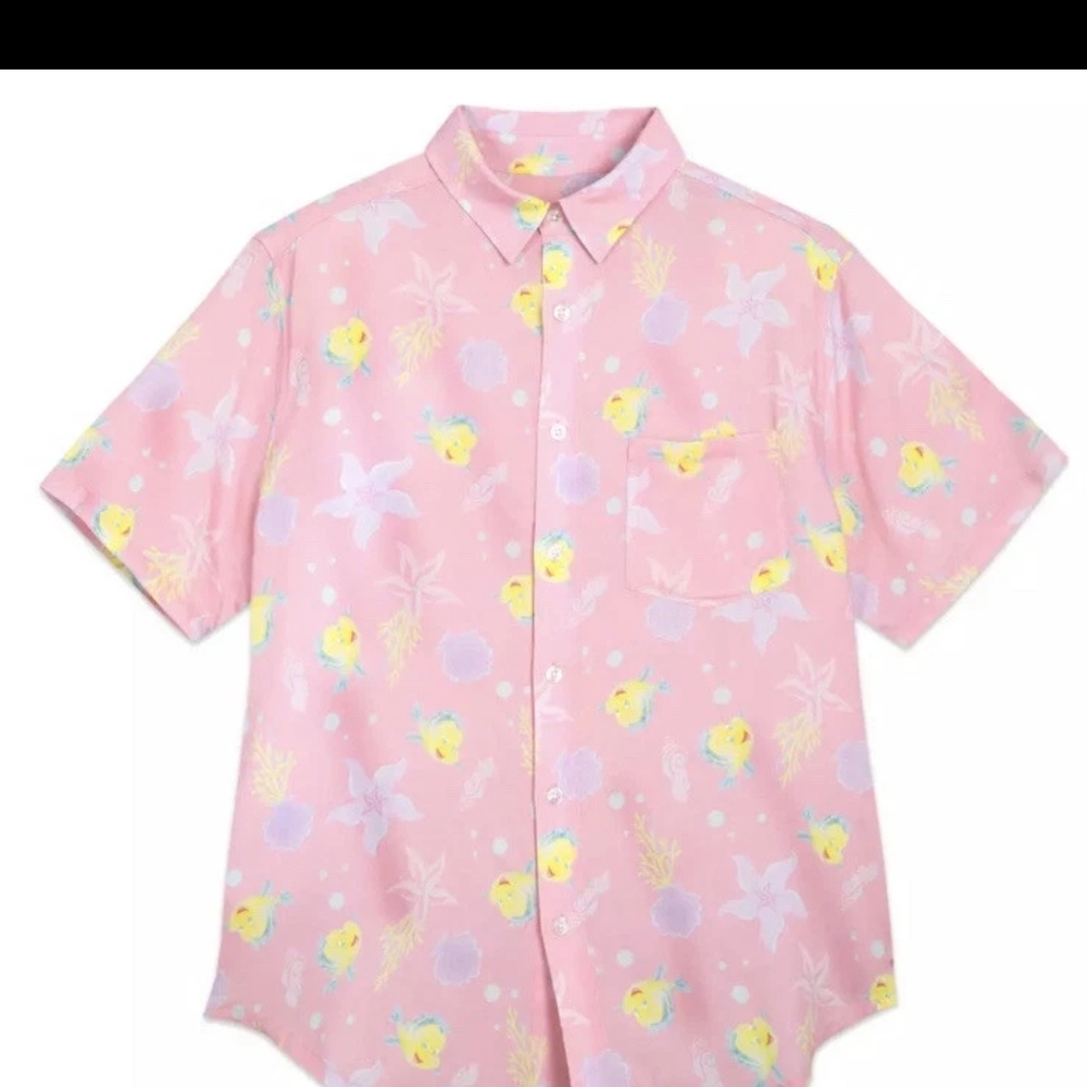 Disney Pink Button Down Shirt with Yellow Flounder Print
